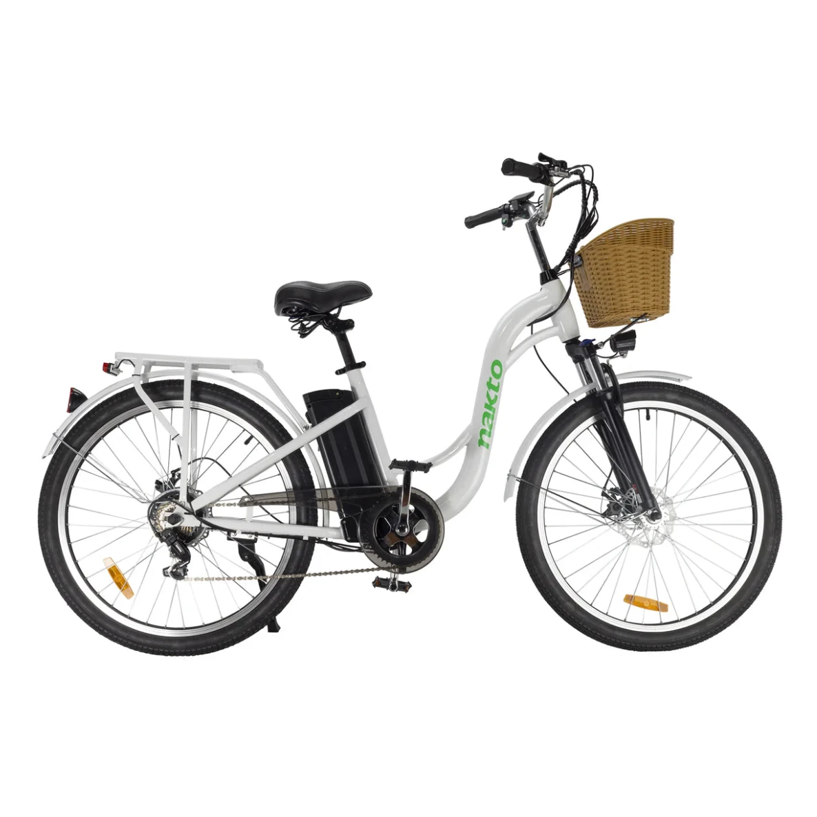 White electric bicycle with a brown basket on a white background