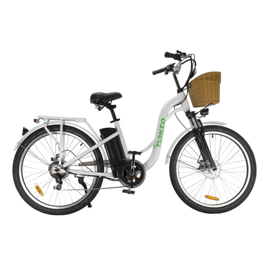 White electric bicycle with a brown basket on a white background