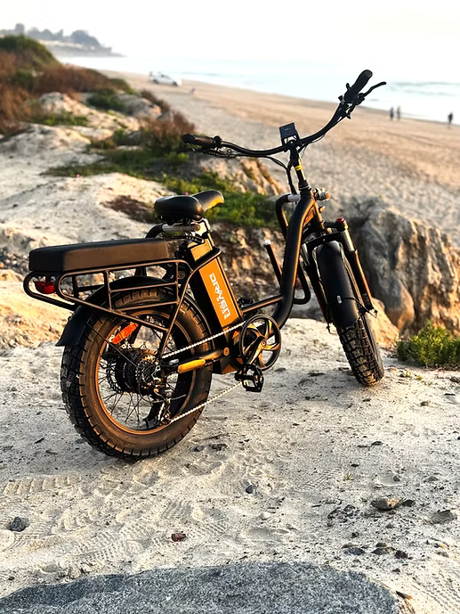 A black and orange electric bicycle with a rear cargo rack is parked on sandy beach rocks near the ocean, with the beach and water visible in the background.