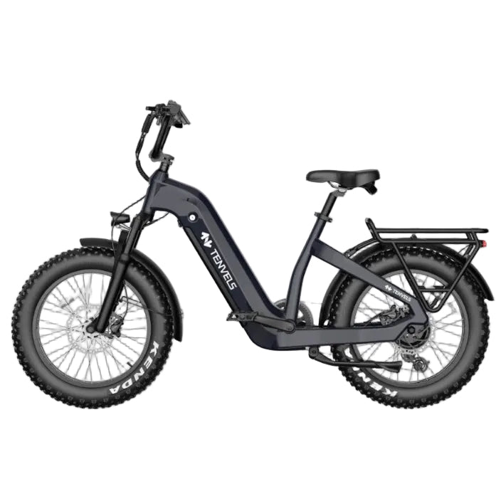 A dark gray electric fat-tire bicycle with a step-through frame, rear cargo rack, and visible 'TEKWEELS' branding on the frame, shown against a plain white background.
