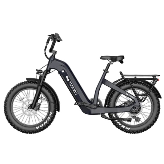 A dark gray electric fat-tire bicycle with a step-through frame, rear cargo rack, and visible 'TEKWEELS' branding on the frame, shown against a plain white background.