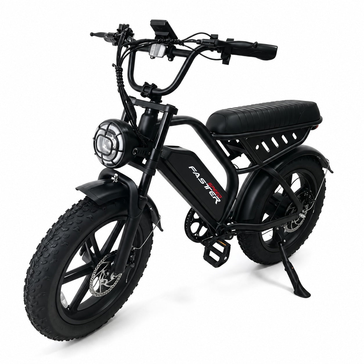 A black electric bicycle with fat tires, a black seat, and a rear cargo rack, shown on a white background with its kickstand down. The frame has the brand name 'FASTER' printed on it.