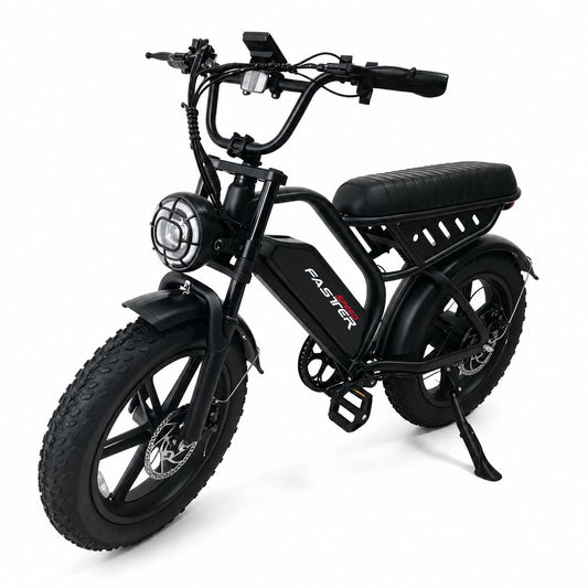 A black electric bicycle with fat tires, a black seat, and a rear cargo rack, shown on a white background with its kickstand down. The frame has the brand name 'FASTER' printed on it.